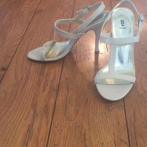 Nude strappy heeled sandals. Made by Bakers
